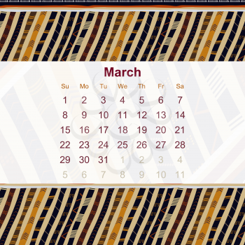 Calendar designed in the style of Tribal. 2015. March. Ethno. Vector illustration.