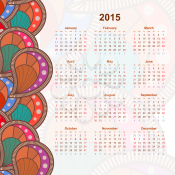 Calendar with flower design doodle. 2015. Ethno. Vector illustration.