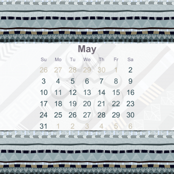 Calendar designed in the style of Tribal. 2015. May. Ethno. Vector illustration.
