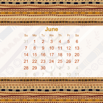 Calendar designed in the style of Tribal. 2015. June. Ethno. Vector illustration.