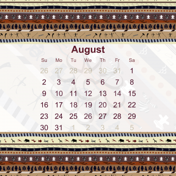 Calendar designed in the style of Tribal. 2015. August. Ethno. Vector illustration.
