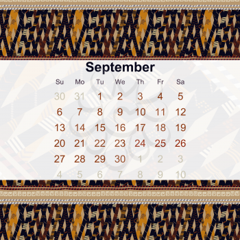 Calendar designed in the style of Tribal. 2015. September. Ethno. Vector illustration.