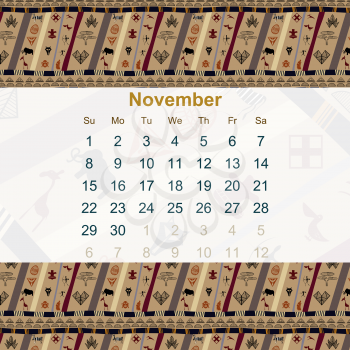 Calendar designed in the style of Tribal. 2015. November. Ethno. Vector illustration.