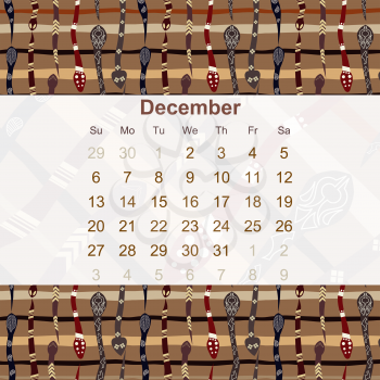 Calendar designed in the style of Tribal. 2015. December. Ethno. Vector illustration.
