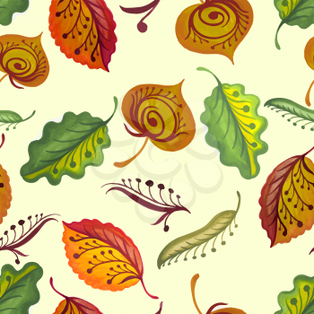 Bright seamless texture with colorful autumn leaves and flowers. Vector illustration.