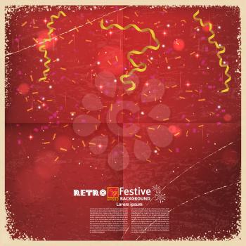 Festive banner with confetti and streamers on a red retro background. Vector illustration.