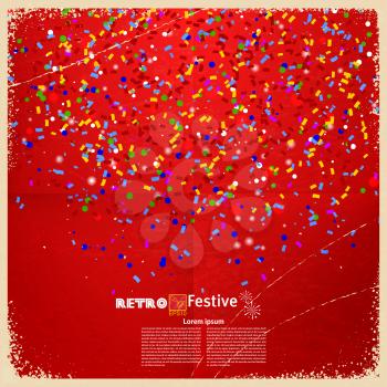 Banner with confetti and streamers on a red retro background. Vector illustration.