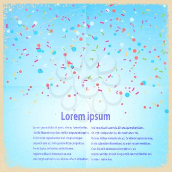 Festive banner with confetti and streamers on a blue retro background. Vector illustration.