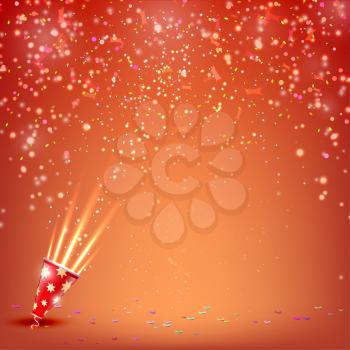 Banner with confetti and streamers on a red background. Vector illustratio