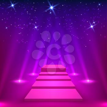 Purple lane with rays of spotlights. Podium for the winners. Vector illyustration
