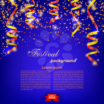 Blue Festive background with bright red serpentine. Festival backdrop. Vector illustration