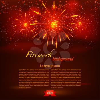 Starry fireworks on red background. Vector illustration