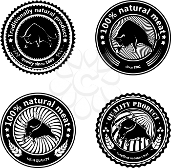 Set of logos, labels with silhouettes of bulls. Design badge for your farm, shop, market. Agriculture. Cattle. Fresh and quality meat and milk. Natural product. Logo. Vector illustration
