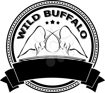 Badge with two fighting bulls. Design badge for your farm, shop, market. Agriculture. Cattle. Fresh and quality meat and milk. Natural product. Logo. Wild bull. Vector illustration