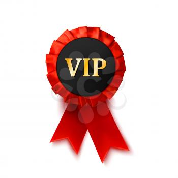 Red badge award of satin ribbon isolated on white background. Success, privilege. VIP. Vector illustration.