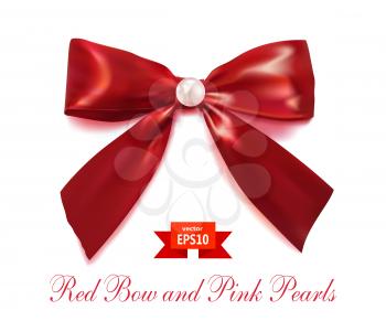Red satin bow with a pearl pearl isolated on a white background. Design your gift products. Eps10. Vector illustration.