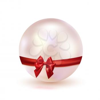 Pink pearl with a red bow of satin ribbon isolated on a white background. Glamorous design. Jewelry. Vector illustration.