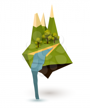 Abstract island with trees, mountain and a waterfall in the low poly style. Vector illustration