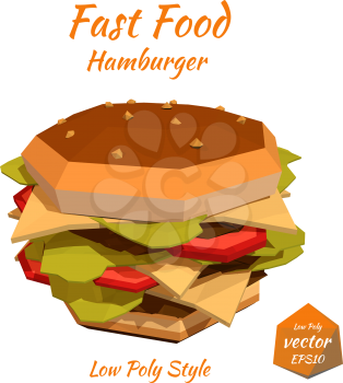 Fast food: big cheeseburger, big hamburger with cutlet, cheese and tomato isolated on white background. Low poly style. Design your menu diner bistro. Vector illustration.