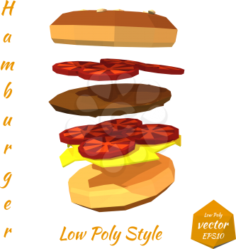 Hamburger with cutlet and tomato layers isolated on white background. Low poly style. Design your menu diner bistro. Fast food. Vector illustration.