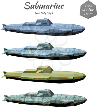 Set submarines khaki isolated on white background. Low poly. Vector illustration.