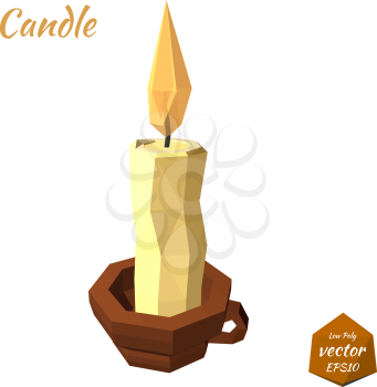 A candle in the cup and a bright flame isolated on white background. Low poly style. Vector illustration.