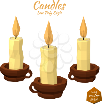 Set candles in the cup and a bright flame isolated on white background. Low poly style. Vector illustration.