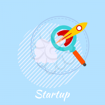 Blue banner with rocket. The design of the start of your business project. Business, startup. Flat style. Vector illustration.