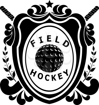 Field hockey on shield - two sticks, ball, ribbon with text, laurel branches and the stars. 
Vector illustration.