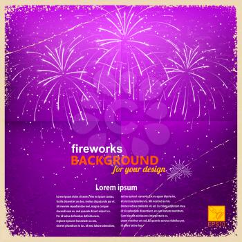 Vintage purple background with fireworks. Vector illustration