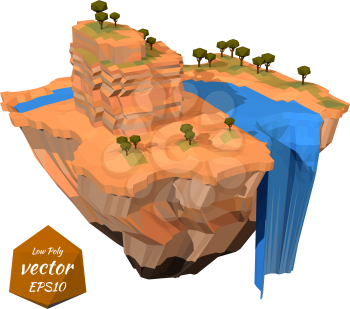 Floating island with a rock waterfall. Lowpoly style. Vector illustration