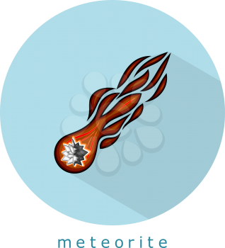 Meteorite on a blue circle. Flat icon meteorite with fire. Simple vector illustration.