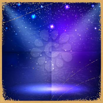 Blue vintage retro background with stars and the rays of searchlights. Vector illustration