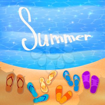 Beach shoes on the beach. Vector sunny beach with shoes. Illustration of beach Flip-flops on the sand, waves and shadow of an umbrella . Summer travel concept. Design element for the travel agency. St