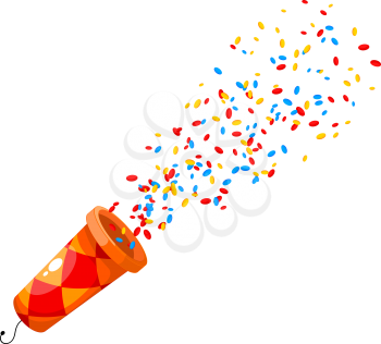 Colored Popper on white background. Cartoon popper - a concept of fun and celebration. Shooting Popper festival element. Sign holiday and fun. Confetti and popper on white background, isolate. Stock v