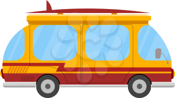 Mini bus with a surfboard on a white background. Marching car isolate. Icon summer 
vacation and travel. Stock Vector