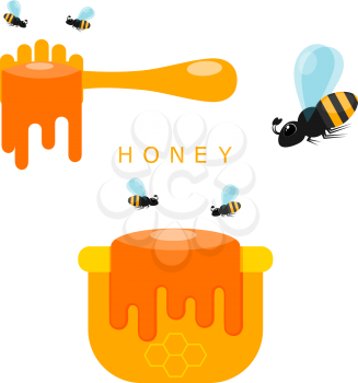 Ladle for honey, pot and bees on a white background. Vector illustration