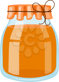 Glass jar with honey. Cartoon of the bank with honey on a white background. Vector 
illustration of a vessel with honey, cover paper and rope. Stock vector
