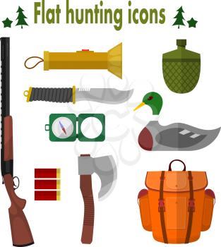 Hunting Icons. Set of vector icons of hunting. Illustration for hunting objects: knife, an ax, a 
backpack, a gun, a compass, a cartridge, a flashlight, water bottle, bait. Stock vector