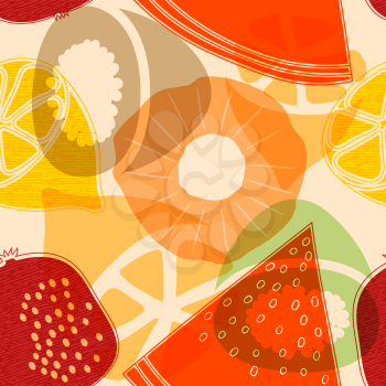 Seamless pattern with fruits: watermelon, orange, kiwi, pomegranate, melon, apple, 
pineapple. Colorful vector pattern, flat style. Stock vector