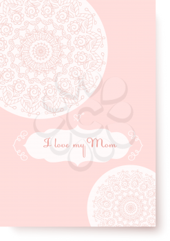 The pink card on a white background. Congratulations on Mother's Day. Greeting card with a pattern and text. Stock vector