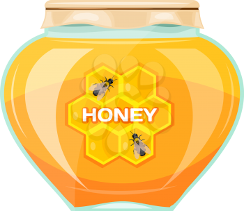 Vector illustration jars of honey on a white background. Isolate. Glass jar with a yellow 
honey, paper cover and label. Stock vector illustration