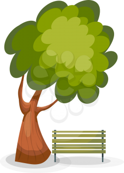 Tree and bench on a white background. Vector drawing of a green tree and a wooden bench 
in the park. Cartoon style. Summer scene. Stock vector illustration