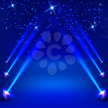 Blue abstract background with rays of spotlights. Vector illustration