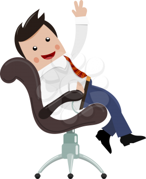 Satisfied businessman. Color image of a happy successful young businessman in a chair with 
his hand raised. Symbol of good luck and success in business. Stock vector illustration