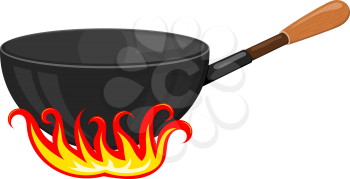 Cartoon vector image of a black frying pan with stylized flames on a white background. Kitchen utensils. Accessory for the kitchen. Stock vector illustration