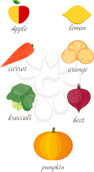 Set of autumn fruits and vegetables. Healthy food on a white background. Apple, orange, 
broccoli, pumpkin, lemon, carrot. Vector illustration of fruits and vegetables, isolated 
objects. Flat style.