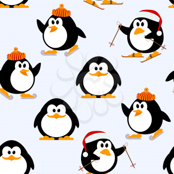 Vector seamless pattern with young penguins playing. Penguins skating, skiing. Winter 
Games. Illustration of Kids Penguin winter