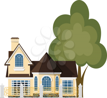 Cute little house. Cartoon house with a beautiful fence and green tree on a white background. 
Illustration of the cozy rural home, isolate. Stock vector
