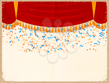 Vector illustration of a red theater curtain with confetti on a retro background. Vintage card 
with a grunge texture. Old paper background. Design element